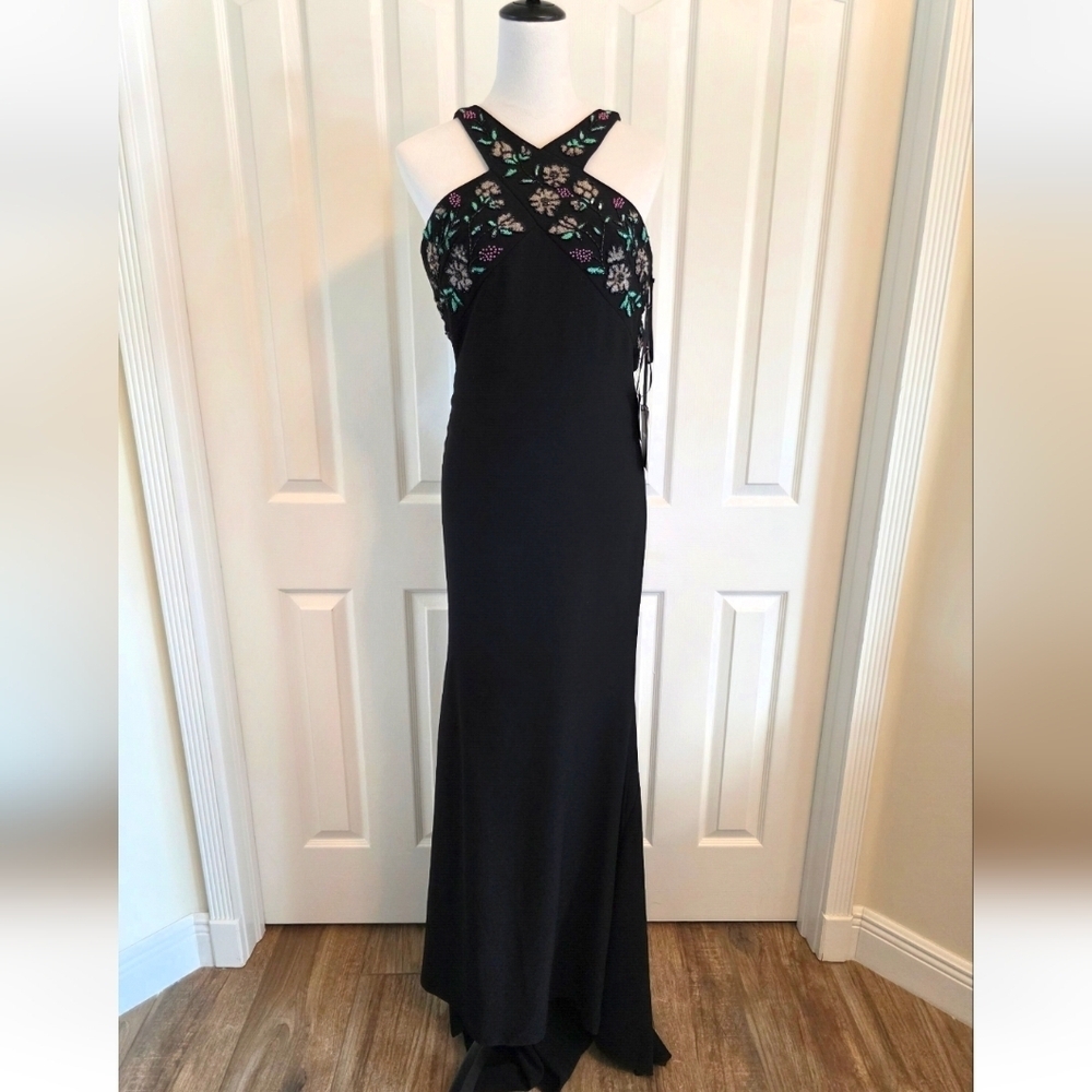 Pronovias Barcelona Embellished Black Halter Gown High-Low Hem-NWT Size 2 - Picture 2 of 15